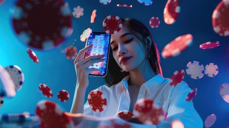 Tampilan meja Three Card Poker dealer langsung cok togel dengan kartu yang terbuka